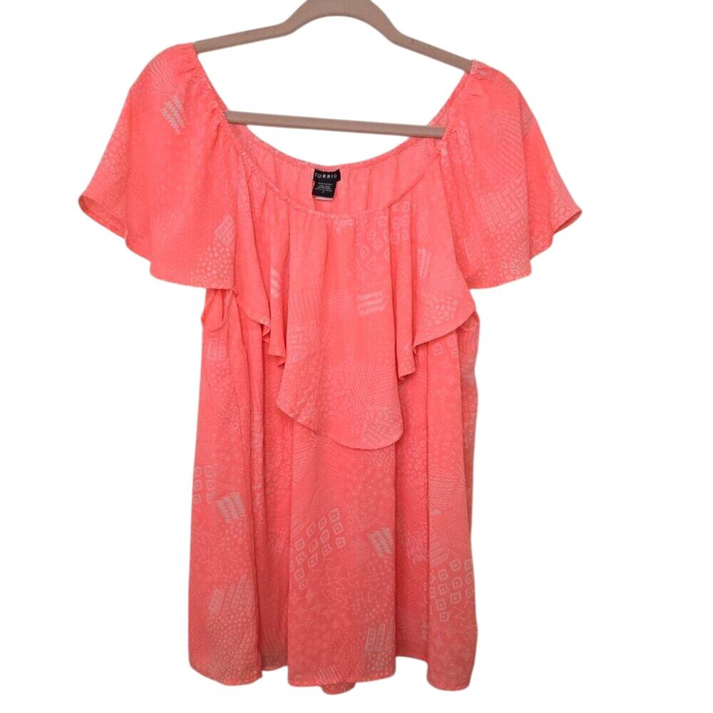 Torrid Doodle Print Georgette Ruffle Blouse Neon Pink 2X